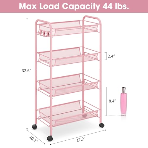 TOOLF 4 Tier Rolling Utility Cart - Durable Metal Design Pink Utility Cart, Storage Trolley on Wheels with 3 Hooks, Perfect for Kitchen, Bathroom & Laundry Room Organization - color: Pink, size: 4-Tier