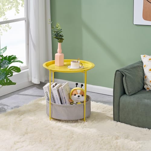 VECELO Round Side/End Table with Fabric Storage Basket，Metal Anti-Rust and Waterproof Small Bedside Nightstand with Removable Tray Top for Living Room，Balcony & Laundry，Yellow /1pcs with Basket - color: Yellow, size: 1 PCS