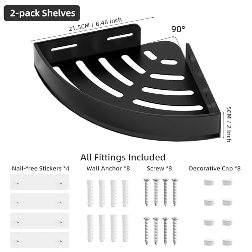 Wisfame Black Corner Shower Caddy - Rustproof Aluminium Triangle Shower Shelf - No Drill & Drill Installation - 2 Bathroom Shelves Wall Mounted (20LB Capacity/Tier) - color: Black