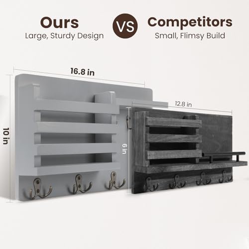 Nekon Mail Holder for Wall Mail Organizer with Key Hooks Hallway Farmhouse Decor Storage Racks with Floating Shelf and Flush Mount Hardware (16.8Inch x 10Inch x 3.2Inch) (Gray) - color: Gray