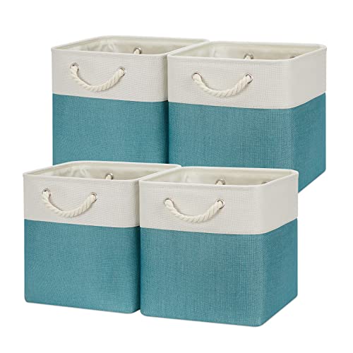 Temary Cubes Storage Baskets 12 Inch Cube Storage Bins for Shelf, Fabric Storage Cubes for Gift Empty Baskets for Home, Collapsable Box Basket for Storage (White&Teal) - color: white&teal, size: 12"L x 12"W x 12"H