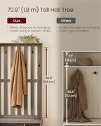 VASAGLE Hall Tree with Bench and Shoe Storage, Coat Rack with Shoe Bench, 7 Double Hooks for Jackets, Hats, Entryway, Bedroom, Living Room, 13.8 x 31.9 x 70.9 Inches, Heather Greige UHSR414G01 - color: Heather Greige