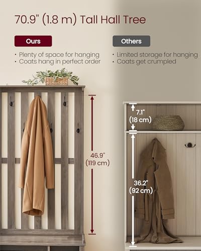 VASAGLE Hall Tree with Bench and Shoe Storage, Coat Rack with Shoe Bench, 7 Double Hooks for Jackets, Hats, Entryway, Bedroom, Living Room, 13.8 x 31.9 x 70.9 Inches, Heather Greige UHSR414G01 - color: Heather Greige