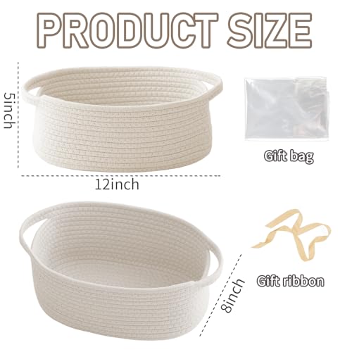 JMvicyroam Woven Basket,Small Rope Storage Bin with Handles & Ribbon Bag, Organizer for Shelves Closets,Gift Basket Empty for Birthday,Books,Dog Toys,White - color: White, size: 1 Pack