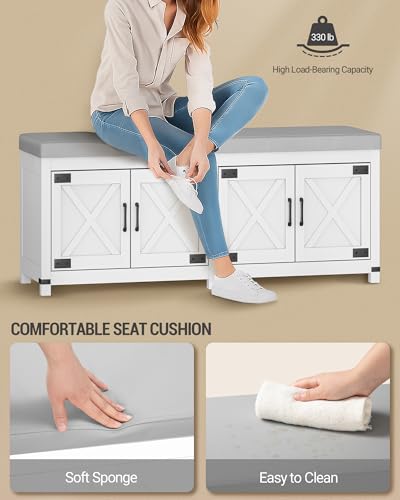 Hzuaneri Shoe Storage Bench, 2 Tier Shoe Bench with Padded Seat Cushion & 4 Barn Doors, Entryway Bench with Adjustable Shelf, Farmhouse Shoe Cabinet for Living Room, Bedroom, White SB31203GY - color: White, size: 47.2"W
