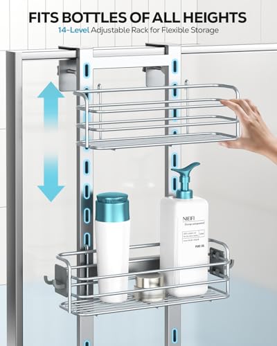 Nieifi Over The Door Shower Caddy Pantry Organizer Rack, Adjustable Hanging Shower Organizer Shelf Basket Storage Rack, Bathroom Shelves Drill Free Extra Large, Silver - color: Silver