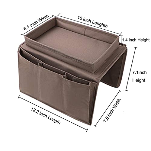 Sofa Armrest Organizer with Cup Holder Tray Chair Arm TV Remote Holder for Recliner Couch Armchair Caddy Bedside Storage Pockets Bag for Cellphone Tablet Book Magazines Drinks Holder Pouch - color: Coffee, with Top Tray
