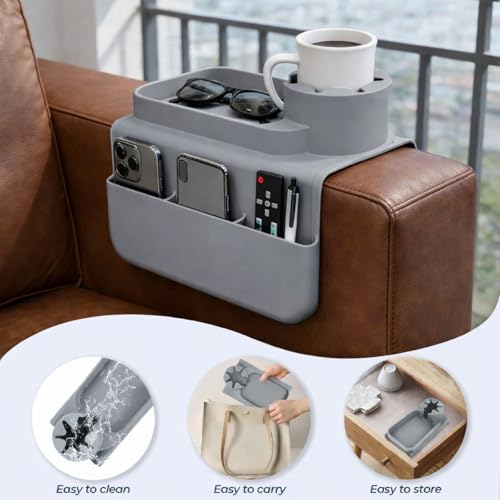 Silicone Couch Cup Holder Tray, 3-Side Sofa Armrest Organizer with Secure Gear-Shaped Locking Holder & Large Tablet Slot, Non-Slip Weighted Armchair Caddy, Couch Accessories (Grey) - color: Grey