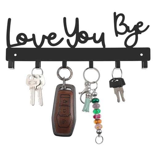 Key Holder Wall Mount, Large 'Love You.Bye' Entryway Organizer with 5 Hooks,Black Metal Key Hanger —No Drill Adhesive for Home Wall Decor（Type 2）
