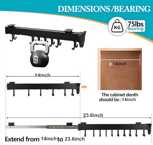14IN Hanging Pot Rack with 6 Hook for Cabinet Pull Out Pot and Pan organizer Adjustable Pot Racks with Sliding Rail Storage Utility Rack Used for Kitchen/Closet/Cupboard,Load 75LBS - size: 14.2 in