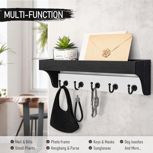 Rebee Vision Key Holder Wall Mount with Shelf - Decorative 2-Color Key Rack with 5 Rustic Key Hooks and Primitive Wood Mail Organizer Wall Mount - Modern Farmhouse Entryway Decor (Black & White) - color: Black&White