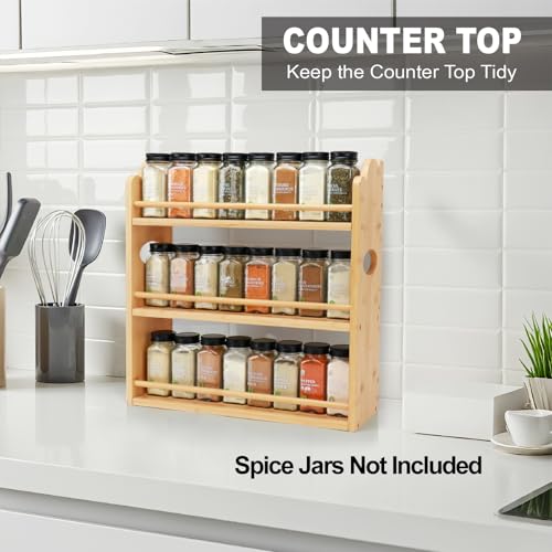 3 Tier Bamboo Spice Rack, Spice Rack Organizer, Seasoning Jars Rack Shelf Spice Organizer for Kitchen Counter or Wall Mounting, Spice Storage Holder with handles, Jars Not Included,Natural - color: Natural with Handles