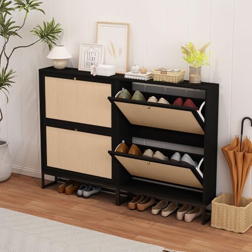 Black Narrow Shoe Cabinet, Hidden Slim Shoe Storage Cabinet for Entryway, 25.6"x34.7" Flip Drawer Shoe Oraganizer Rack with Metal Base (Black, 2-Drawer-No Divider) - color: Linen-black, size: 2-Drawer-No Divider