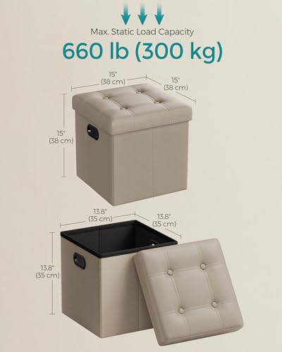 SONGMICS Mazie Collection - 15 Inches Ottoman with Storage, Footstool, Storage Ottoman with Metal Handles, Load 660 lb, for Dorm, Living Room, Bedroom, Synthetic Leather, Camel Brown ULSF030K03 - color: Camel Brown, size: 15"D x 15"W x 15"H