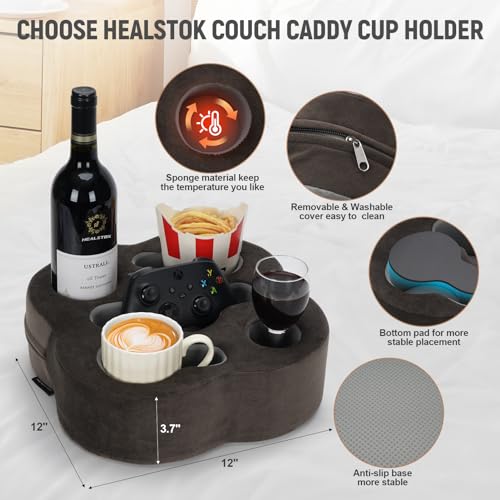 Couch Cup Holder Pillow, Sofa Organizer Caddy Bed Refreshment Tray for Drinks, Remotes, Phones, Snacks (Soot) - color: Soot, size: 12*12*3.7 Inch