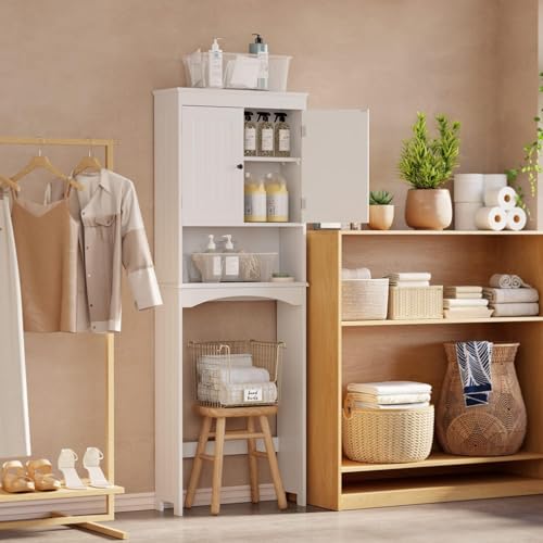 Gizoon Over the Toilet Storage Cabinet with Adjustable Shelf and Double Doors, Bathroom Space Saver Organizer Above Toilet with Open Shelf, Taller Wooden Free Standing Toilet Rack -White - color: White