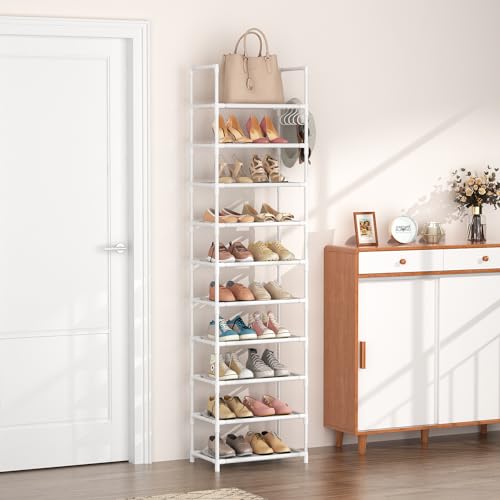 LANTEFUL 10 Tiers Tall Shoe Rack 20-25 Pairs Boots Organizer Storage Sturdy Narrow Shoe Shelf for Entryway, Closets with Hooks, White - color: White, size: 10 Tier-68" High-17" Wide