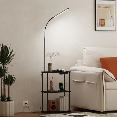 LED Floor Lamp with Table, 15W Bright Reading floor lamp with Remote & Touch Control, Narrow Side Table with USB Charging Station and AC Port, End Table for Bedroom, Living Room and Home Office, Black - color: Matte Black