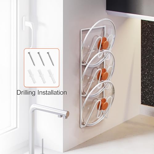 Durmmur 2 Pack Pot Lid Organizer Rack, 6-Tier Pot Lids Holder for Cabinet Door/Wall, No Drilling Adhesive Wall/Door Mounted Rustproof Pot and Pan Cover for Kitchen Storage, White - color: White