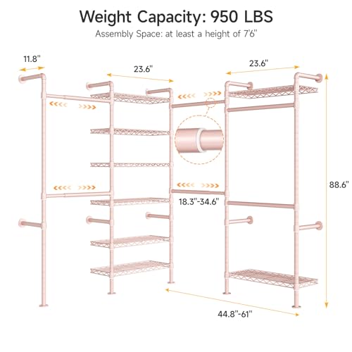 ONBRILL L4 Wall Mounted Industrial Pipe Clothing Rack, Closet Organizer System with 6 Hanging Clothes Rods ( 4 Expandable Rods) & 8 Shelves, Heavy Duty Corner Garment Rack, Large Wardrobe - Pink - color: Pink