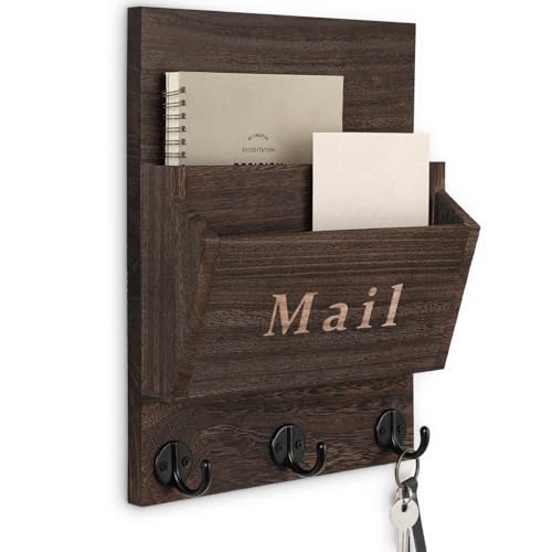 Mail and Key Holder - Decorative 9.8" x 12.5" Wall Key Hanger with 2 Mail Organizer Slots and 3 Hooks - Real Paulownia Wood with Keyhole Brackets, Hardware and Instructions (Brown) - color: Brown