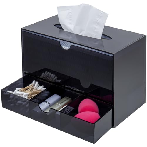 MyGift Premium Black Acrylic Cosmetic Organizer Caddy and Tissue Box Cover with Pull Out Makeup Storage Drawer - Countertop Bathroom Supplies Holder - color: Black