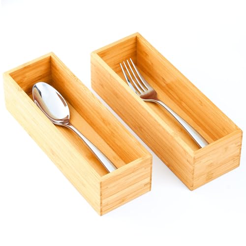 Umilife Bamboo Kitchen Drawer Organizer, Extra High Silverware Tray, Flatware Cutlery Storage Box, Multi-Use Holder in Office, Bathroom, Pantry - 9"x3"x2.5" (Set of 2) - size: 9 x 3 x 2.5" (Standard, Set of 2)