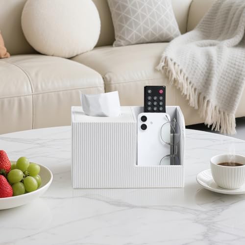 Square Tissue Box Cover with 2 Compartments Storage Organizer, PU Leather Tissue Box Holder with Remote Control Holder for Livingroom Nightstand, Multifunctional Cube Tissue Holder (White) - color: White