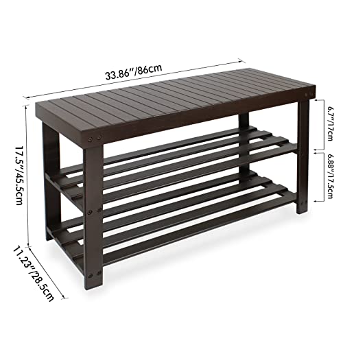 SMIBUY Sturdy Bamboo Shoe Rack Bench, 3-Tier Shoe Organizer, Storage Shelf for Entryway Hallway Bathroom Living Room (Dark Brown) - color: Dark Brown