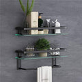 VOLPONE Glass Bathroom Shelf with Towel Bar 15.7in Bathroom Wall Shelves Rustproof Metal Bathroom Wall Organizer 2-Tier (Black) - style: 2 tier with towel bar black