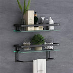 VOLPONE Glass Bathroom Shelf with Towel Bar 15.7in Bathroom Wall Shelves Rustproof Metal Bathroom Wall Organizer 2-Tier (Black) - style: 2 tier with towel bar black