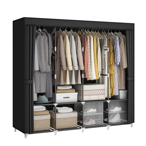 MOGELAFOO Portable Closet Wardrobe, 67-Inch Clothes Organizer with 4 Hanging Rods and 8 Shelves, Non-Woven Fabric Cover, Large Capacity Storage for Bedroom and Living Room, Black - color: Black, size: 67"W x 18"D x 66"H