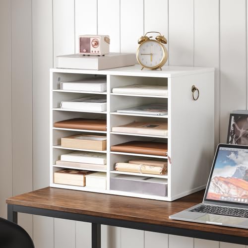 HOOBRO Literature Organizers, 12 Compartments Office Mailbox with Adjustable Shelves, Wood Countertop Literature Sorter for Office, Home, Classroom, Mailrooms Organization White WT12WF01 - color: White, size: 18.9"L