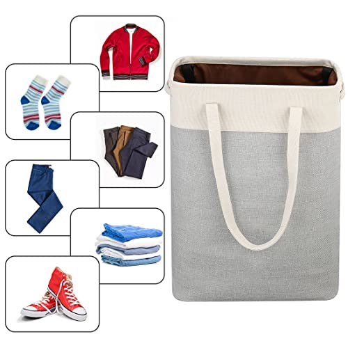 i BKGOO Laundry Basket with Handles Beige&Silver Slim Laundry Bin Collapsible Dirty Clothes Basket Narrow Laundry Bag Foldable Dirty Hamper for Camping, Dorms, Apartments - color: Beige&Silver
