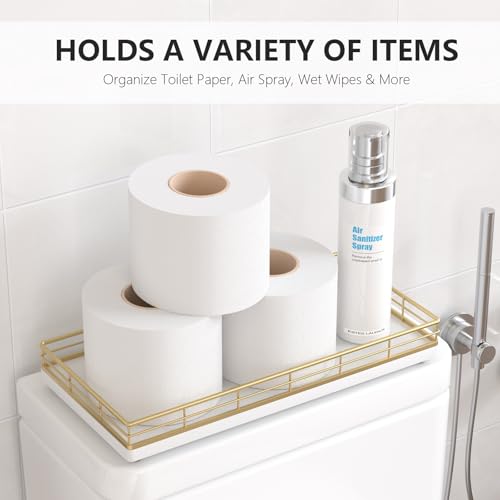 Toilet Paper Basket Organizer – Oak Wood Toilet Tank Tray with Metal Frame, Bathroom Counter Top Storage for Toilet Paper, Wipes & Decor, Modern Narrow Back of Tank Shelf Organizer, Gold & White - color: Gold & White, size: 13" x 6.5" x 2"