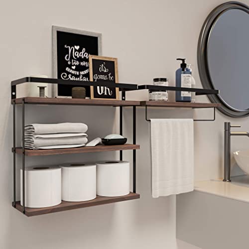 RICHER HOUSE 3+1 Tier Wall Mounted Floating Shelves Set of 2, Rustic Wood Wall Shelf with Metal Frame, Extra Storage Rack for Bathroom, Kitchen, Bedroom with Tissue Rack & Towel Bar - Rustic Brown - color: Rucstic Brown, size: 3+1 Tier Size