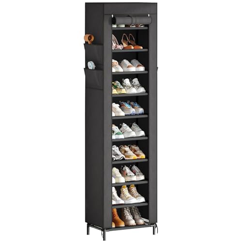 Simple Trending Narrow Shoe Rack with Cover, 10 Tier Shoe Organizer Storage, Tall Free Standing Shoe Cabinet Holds 20 Pairs for Closet, Black - size: 10 Tiers Narrow with Cover, Black