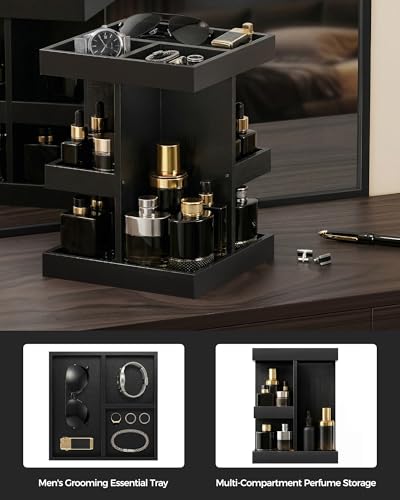 ProCase 3-Tier 360° Rotating Cologne Organizer for men, Large Capacity Wooden Countertop Display Rack for Bathroom & Dresser, Space-Saving Vanity Tray for Perfume & Skincare, Gifts for Him (Black) - color: Black