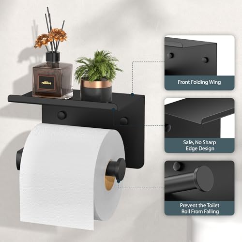 FORIOUS Toilet Paper Holder with Shelf, Adhesive or Screw Wall Mount Toilet Paper Roll Holder for Bathroom, SUS 304 Stainless Steel Commercial Toilet Tissue Holder with Storage Dispenser, Matte Black - color: Matte Black