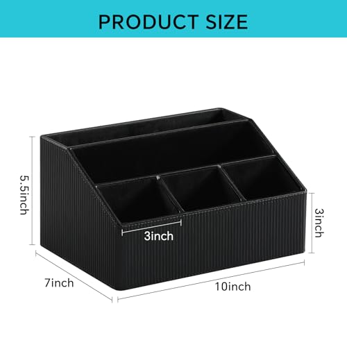 Remote Control Holder with 5 Compartments for Office Art Supplies, PU Leather Nightstand Organizer Pencil Pen Desk Caddy for Home, Desktop TV Remote Control Organizer Storage (Striped Black) - color: Striped Black