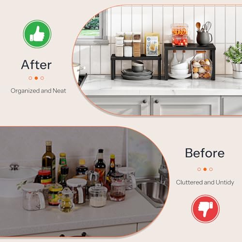 HOOBRO Cabinet Organizer Shelf, Set of 4 Kitchen Counter Shelves, Expandable Kitchen Storage, Stackable Spice Rack, for Kitchen, Countertop, Office Desk, Living Room, Black BK20TLP201 - color: Black