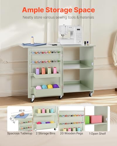 VEVOR Folding Sewing Table, Multipurpose Sewing Machine Table with Compact Design, Wheels, Wooden Pegs, Storage Trays and Shelf, Magnetic Door Lock, Craft Station and Side Desk for Home, Light Green - size: Green w/o Cabinet
