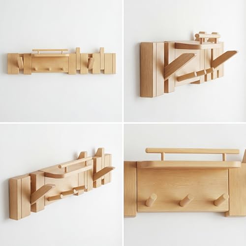 Mid Century Modern Walnut Foldable Entryway Wall Coat Hanger Hook with Shelf,Heavy Duty Wooden Piano Hidden Towel Hooks for Bathroom,Wall Rack for Purse&Key&Mail,Home Decor (Natural, 7 Hooks) - color: Natural, size: 7 Hooks