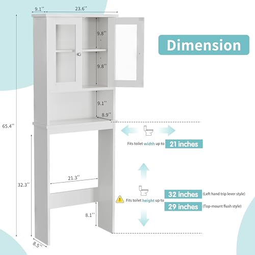 Shintenchi Over the Toilet Storage Cabinet, Bathroom Shelf Organizer with Anti-Tip Device Small Freestanding Space Saver with Adjustable Shelf and Glass Door, White - color: White, size: Glass Door