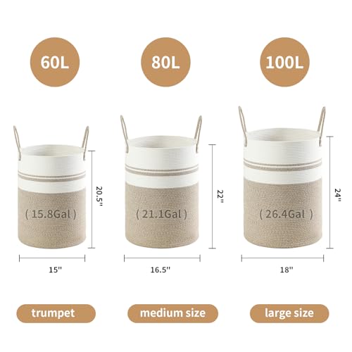 Laundry Basket Hamper Tall Rope Storage Woven for Blanket toys Dirty Clothes in Living Room Bathroom Bedroom (Brown&White, 80L/21.3Gal) - color: Brown&White, size: 80L/21.3Gal
