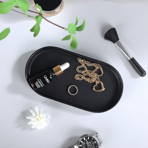 Matte Black Round Soap Dispenser Tray - 8'' Ceramic Vanity Tray for Bathroom Decorative, Jewelry Ring Dish, Comestic Holder, Kitchen Sink Countertop Organizer Plate - color: Black
