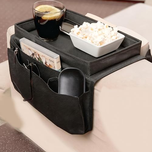 Sofa Armrest Organizer with Spill-Resistant Drink Tray, Multi-Pocket Non-Slip Couch Arm Caddy for Remote Control, Phones, Snacks, Universal Fit for Sofa, Recliner & Armchair - color: black
