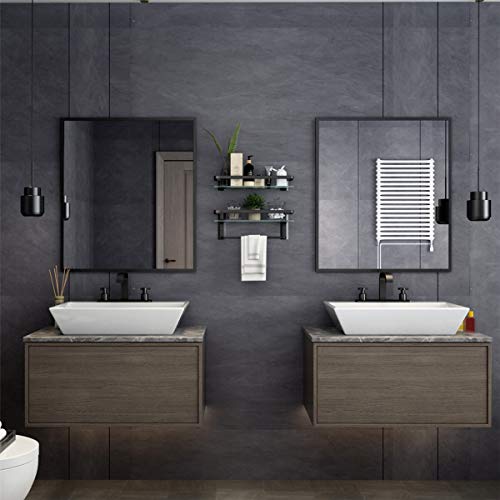 VOLPONE Glass Bathroom Shelf with Towel Bar 15.7in Bathroom Wall Shelves Rustproof Metal Bathroom Wall Organizer 2-Tier (Black) - style: 2 tier with towel bar black