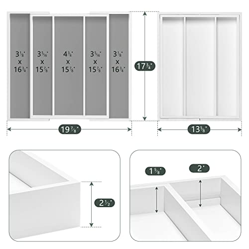 Utensil Organizer for Kitchen Drawers - Bamboo Silverware Tray Expandable 5 Slots Drawer Organizer for Office and Pantry Supplies W13.7-19.9" x L17.6 X H2.5 (White) - color: White