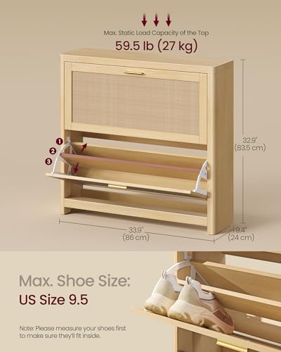 VASAGLE ELLAN Collection - Boho Shoe Storage Cabinet for Entryway Slim, Entry Shoe Cabinet with Rattan-Look Flip Drawers, Rounded Corners, Narrow for Entrance, Oak Beige UHSC601YC01 - color: Oak Beige, size: 9.4"D x 33.9"W x 32.9"H-3 Flip Drawers